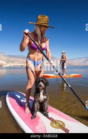 An elderly couple on stand on paddle boards on Lake Isabella near Bakersfield, East of California's Central valley which is at less than 13% capacity following the four year long devastating drought. The reservoir has dropped so low, that the water level is below the outflow pipe. Stock Photo