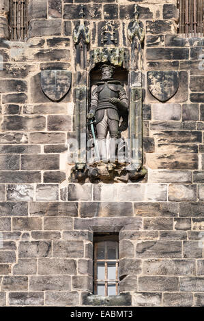 Lancaster Castle, UK. Over the main gate in John O'Gaunt's Tower stands a statue of John of Gaunt, 1st Duke of Lancaster Stock Photo