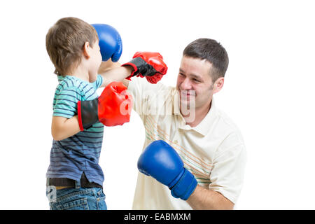 kid boy and dad play boxing Stock Photo