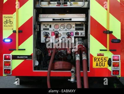 Detail of London Fire Brigade appliance at scene of fire in North London Stock Photo