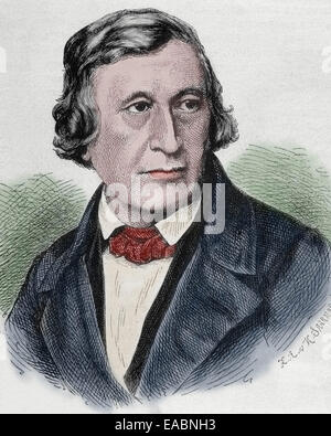 Wilhelm Grimm (1786-1859). German author, the younger of the Brothers Grimm. Portrait. Engraving. Colored. Stock Photo