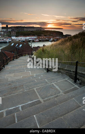 The 199 Steps of Whitby at sunset, Whitby, North Yorkshire, England ...