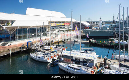 Boats moored outside the Australian National Maritime Museum, Darling Harbour, Sydney, Australia Stock Photo