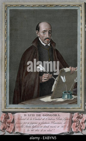 Luis de Gongora (1561-1627). Spanish Baroque lyric poet. Literary movement, culteranismo. Engraving. Colored. Stock Photo
