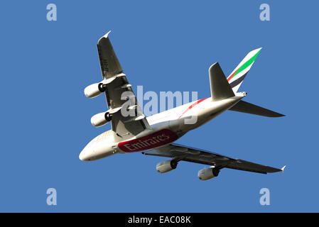 Emirates Airbus A380 taking off from Heathrow Airport, Hounslow, Greater London, England, United Kingdom Stock Photo