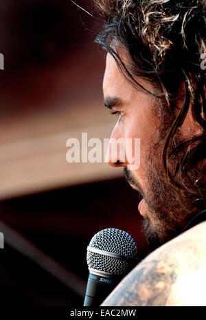 Russell Brand, comedian, speaking at The People's Assembly demonstration against Austerity, Parliament Square, London, 21st June Stock Photo