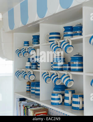 Cornishware on kitchen dresser in blue and white themed kitchen
