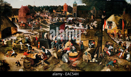 Circle of Pieter Brueghel the Younger (1565–1636) Title: A grand village kermesse with a performance of the farce Een Cluyte Van Plaeyerwater (‘A Clod From A Plaeyerwater’) and a religious procession Flemish Belgian Belgium Stock Photo