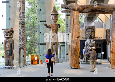 Carved totem poles in the Great Hall at the Museum of Anthropology, Vancouver, British Columbia Stock Photo