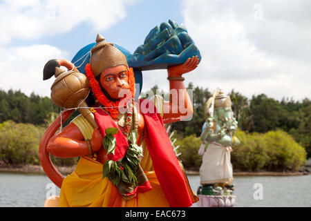 Statues of Hindu gods, Hanuman in the foreground and Ganesha, Grand Bassin Hindu temple, Mauritius