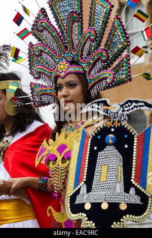 Latin American woman dressed in a traditional costume at the Carnaval Del Pueblo London Stock Photo