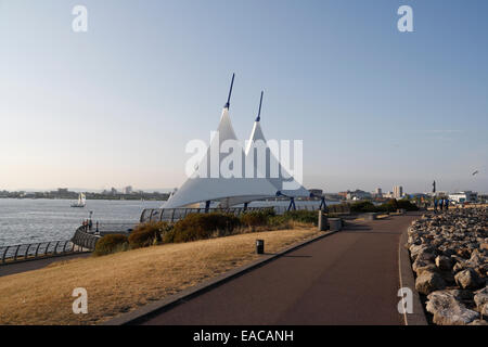 View of Cardiff Bay Barrage and the White Sails Wales UK Stock Photo