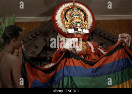 Performance of Kathakali, a classical Indian dance-drama, in Fort Kochi theatre, Kerala, South India. Stock Photo