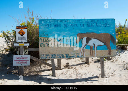 A warning sign about the wild horses on the beach at Assateague State Park, Ocean City Maryland USA Stock Photo