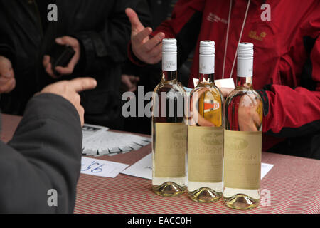 Wine marker sells bottles of young wine in occasion of the celebration of Saint Martin's Day in Prague, Czech Republic. Traditio Stock Photo