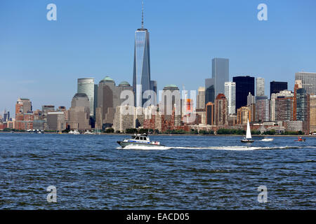 View of lower Manhattan and Freedom Tower from Ellis Island National Monument Stock Photo