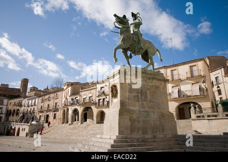 Statue of Francisco Pizarro (Spanish explorer and conqueror of Peru) in Mayor Square of Trujillo. Caceres, Spain. Stock Photo