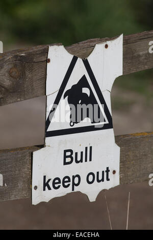 Sign posted on field fence, Suffolk. 'Bull keep out'. Stock Photo