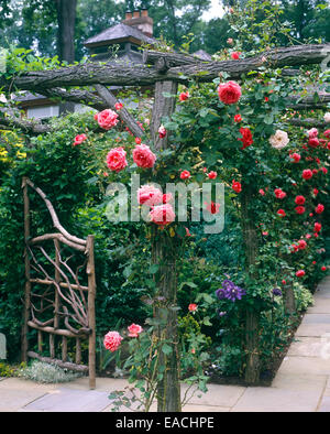 garden with roses and slate pathways Stock Photo