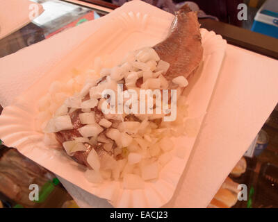 Raw herring with onions, typical Dutch delicacy Stock Photo