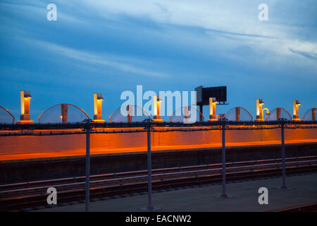 Subway tracks with New York City in background Stock Photo