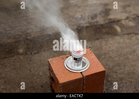 Cleaning a greenhouse with a smoke bomb,grenade,sulphur,candle, to kill insects. Stock Photo