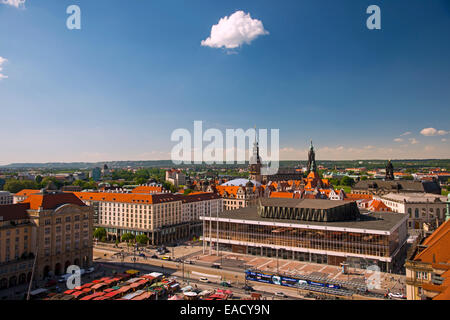View from the Holy Cross Church over Altmarkt square and the Palace of Culture, towards Hausmannsturm tower and Dresden Stock Photo