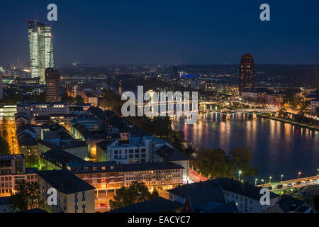 View of the city and the Main river from the top of the cathedral, of the new illuminated skyscraper of the European Central Stock Photo