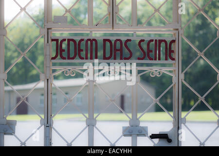 Inscription in the gate 'Jedem das Seine' or 'to each their own', Buchenwald concentration camp, restored in 2014, Weimar Stock Photo