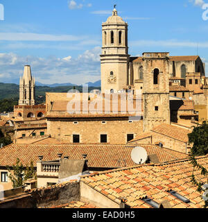 View Of Girona Cathedral From City Walls Spain Stock Photo