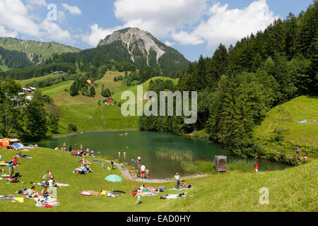 Seewaldsee lake near Fontanella, in front of Blasenka Mountain, Großes Walsertal Biosphere Reserve, Vorarlberg, Austria Stock Photo