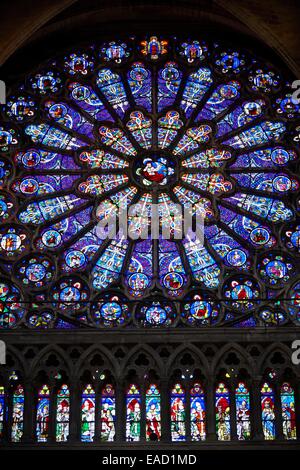 Gothic Rayonnant stained glass rose window, Cathedral Basilica of Saint Denis, Basilique Saint-Denis, Paris, Ile-de-France Stock Photo
