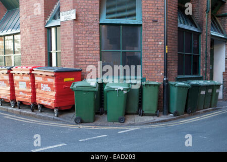 Recycling garbage rubbish bins on 'Jerusalem' place Manchester, UK. Stock Photo
