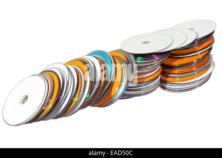 Isolated row of many stacked colorful compact discs on white Stock Photo