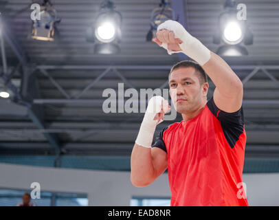 Hamburg, Germany. 12th Nov, 2014. Bulgarian heavyweight boxer Kubrat Pulev poses during the press training of the IBF world championship boxing fight between him and Ukrainian boxer Vladimir Klitschko in Hamburg, Germany, 12 November 2014. Klitschko will try to defend his IBF championship title against mandatory challenger Pulev on 15 November 2014. Credit:  dpa picture alliance/Alamy Live News Stock Photo