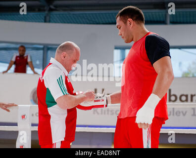 Hamburg, Germany. 12th Nov, 2014. Bulgarian heavyweight boxer Kubrat Pulew (R) tries to put on a boxing glove during the press training of the IBF world championship boxing fight between him and Ukrainian boxer Vladimir Klitschko in Hamburg, Germany, 12 November 2014. Klitschko will try to defend his IBF championship title against mandatory challenger Pulev on 15 November 2014. Credit:  dpa picture alliance/Alamy Live News Stock Photo