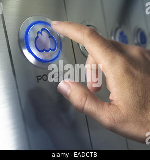 One finger pressing cloud button. Concept of cloud computing or network hardware Stock Photo