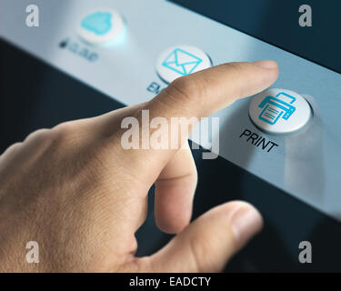 One finger pressing a print button over white background, image concept. Stock Photo
