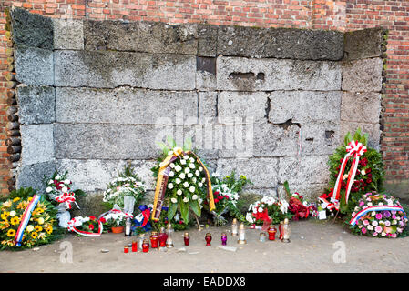 AUSCHWITZ, POLAND - OCTOBER 25, 2014: The memorial of death wall in the concentration camp of Auschwitz  in Oswiecim, Poland. Stock Photo