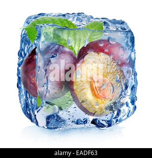Plums in ice cube isolated on white Stock Photo