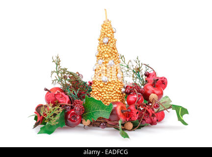 Christmas candle and  decoration with red apples isolated on white background. Stock Photo