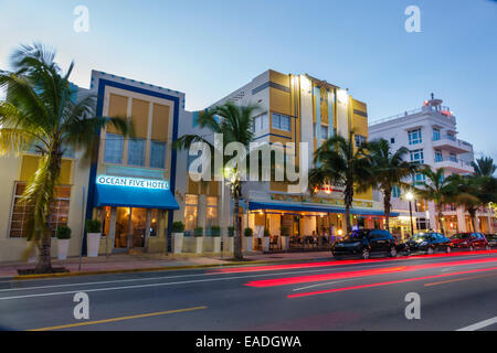 Miami Beach Florida,Ocean Drive,dusk,evening,night,Ocean Five,hotel,hotel,hotels,Art Deco,buildings,time-exposure,traffic,FL140930001 Stock Photo
