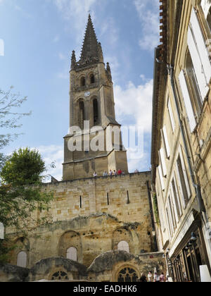 Monolithic Church and Bell Tower at St Emilion, Bordeaux, France Stock Photo