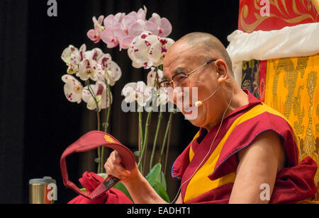 His Holiness the 14th Dalai Lama teaches lessons on Buddhism at the Wang Center in Boston, MA. Stock Photo