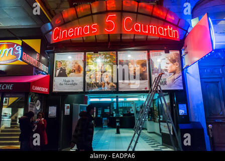 Paris, France, Front, French Independent Cinema Theater, Night, Neon Lights at Night, '5 Caumartin', with Movie Posters, Entrance, vintage movie theater architecture cinema sign, outside, neon sign door Stock Photo