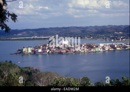 The town of Flores located on an island in Lake Peten Itza, El Peten, Guatemala Stock Photo