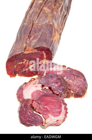 sliced horse meat sausage kazy close up isolated on white background Stock Photo
