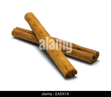 Two Cinnamon Sticks One on the Other Isolated on White Background. Stock Photo