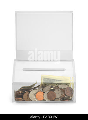 Clear Plastic Donation Box With Money and Copy Space Isolated on White Background. Stock Photo