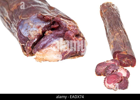 set of horse meat sausage kazy close up isolated on white background Stock Photo